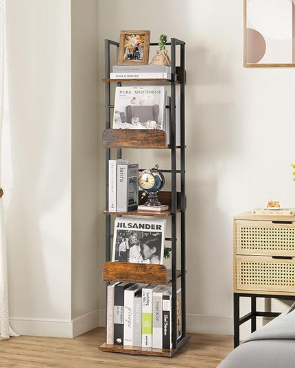 Bikoney Bookshelves 5-Tier, Rotating Bookshelf Tower for Corner, Small Bookcase, Tall Industrial Bookshelf, Narrow Bookshelf, Wood and Metal Black - LeafyLoom