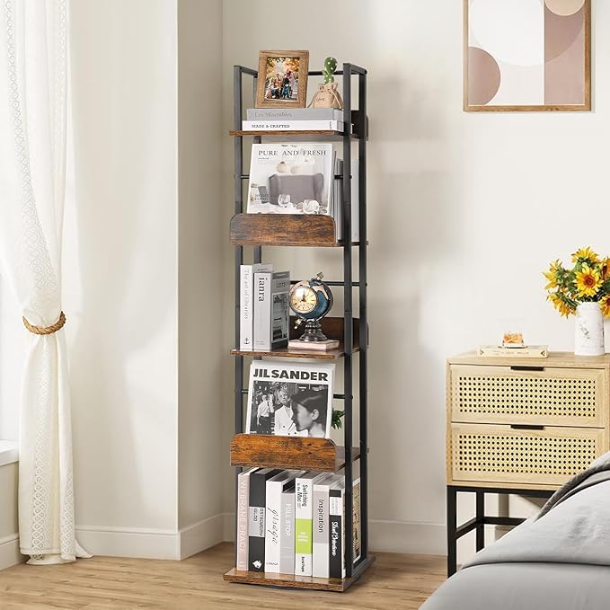 Bikoney Bookshelves 5-Tier, Rotating Bookshelf Tower for Corner, Small Bookcase, Tall Industrial Bookshelf, Narrow Bookshelf, Wood and Metal Black - LeafyLoom