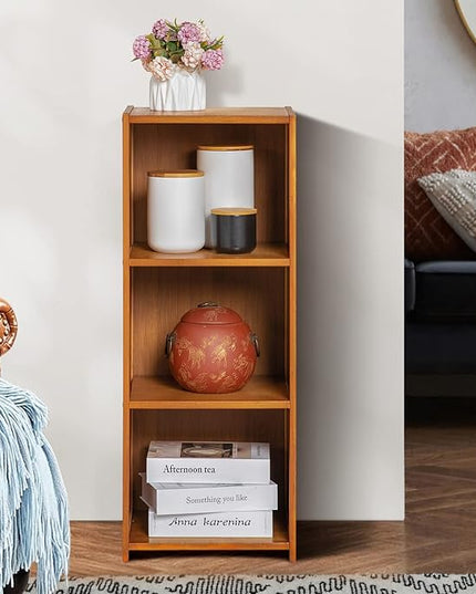 MoNiBloom Narrow Bookcase Bamboo 3 Tier Free Standing Tall Bookshelf Display Storage Shelves Space Saver for Home Living Room Study Room, Brown - LeafyLoom