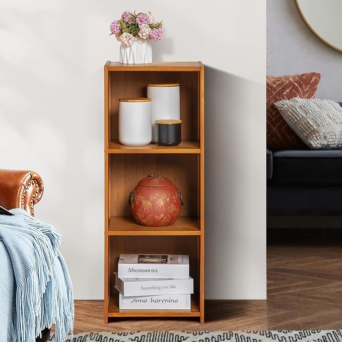 MoNiBloom Narrow Bookcase Bamboo 3 Tier Free Standing Tall Bookshelf Display Storage Shelves Space Saver for Home Living Room Study Room, Brown - LeafyLoom