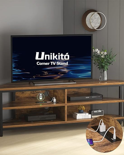 Unikito 55'' Corner TV Stand with Power Outlet, Corner Entertainment Center TV Console Table with 4 Open Storage Shelves, Metal Frame for Living Room, Bedroom, Industrial 60'' Corner TV Stand, Rustic - LeafyLoom