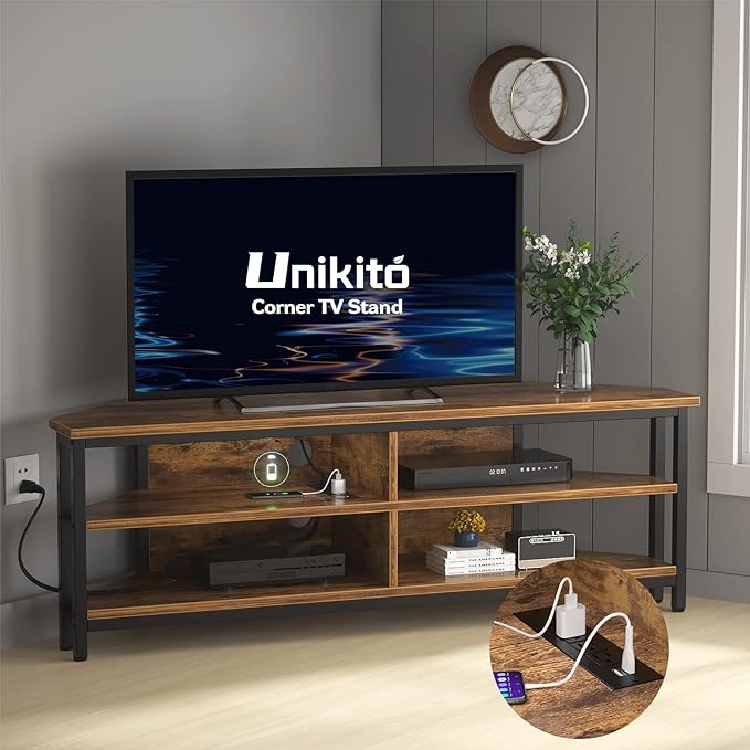 Unikito 55'' Corner TV Stand with Power Outlet, Corner Entertainment Center TV Console Table with 4 Open Storage Shelves, Metal Frame for Living Room, Bedroom, Industrial 60'' Corner TV Stand, Rustic - LeafyLoom