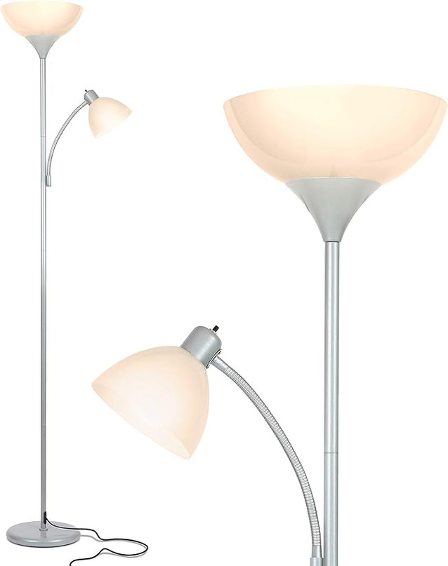 Brightech Sky Dome Plus LED Floor lamp, Torchiere Super Bright Floor Lamp with Reading Lamp for Living Rooms & Offices - Dimmable Tall Standing Lamp for Bedroom Reading - Silver - LeafyLoom