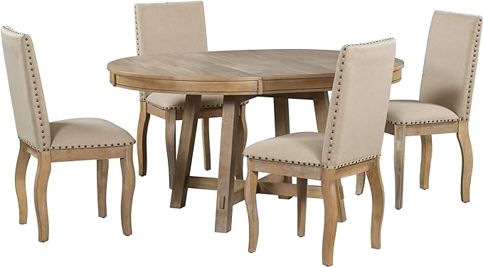 NicBex Round Dining Table Dining Room Set 5-Piece Farmhouse Dining Table Set Wood Round Extendable Dining Table and 4 Upholstered Dining Chairs for Set, Natural Wood Wash - LeafyLoom