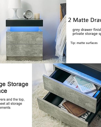 HOMMPA LED Nightstand Grey Matte Bedside Table with Led Lights Modern Night Stand with 2 Drawers Led Night Table Smart Nightstand for Bedroom 20.5” Tall - LeafyLoom