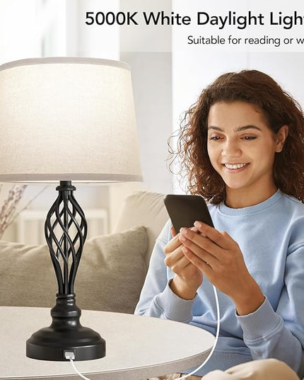PARTPHONER Set of 2 Table Lamps with USB Port, Farmhouse Bedside Lamps with 3-Color Temperature, Nightstand Lamp Large Cream Drum Shade Spiral Cage Base Desk Lamps for Living Room, Home Bedroom - LeafyLoom