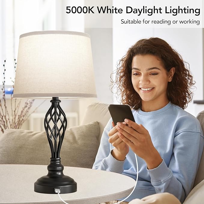 PARTPHONER Set of 2 Table Lamps with USB Port, Farmhouse Bedside Lamps with 3-Color Temperature, Nightstand Lamp Large Cream Drum Shade Spiral Cage Base Desk Lamps for Living Room, Home Bedroom - LeafyLoom