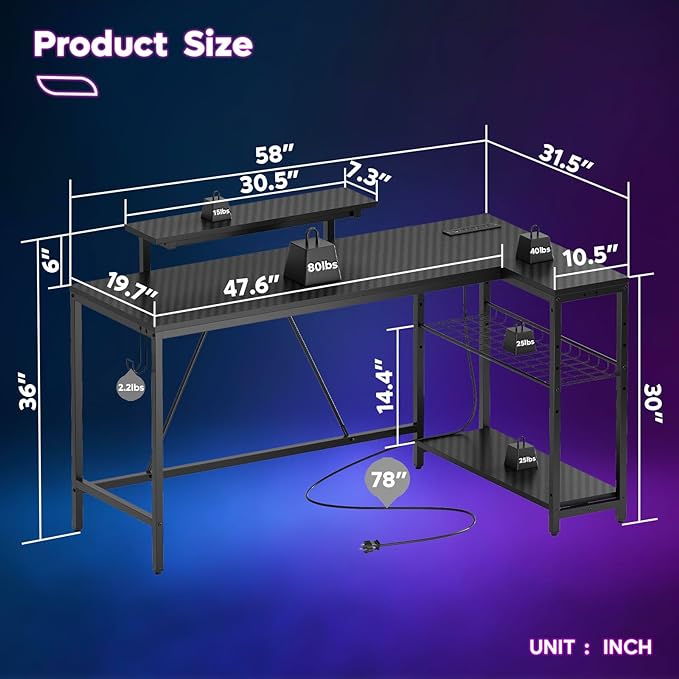 Bestier 58 L Shaped Gaming Desk with LED Lights & Power Outlets,Reversible Home Office Corner Desk with Shelves,Larger PC Workstation with Hooks for Studying,Desk for Bedroom,Carbon Fiber Black - LeafyLoom