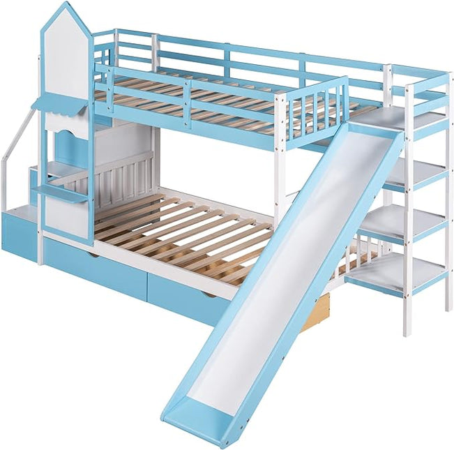 Twin Bunk Bed Castle with Slide, Stairs with Storage, Two Drawers, Solid Wood Bunkbeds Frame w/Shelves and Staircase, for Kids/Teens/Boys/Girls Bedroom, Blue - LeafyLoom