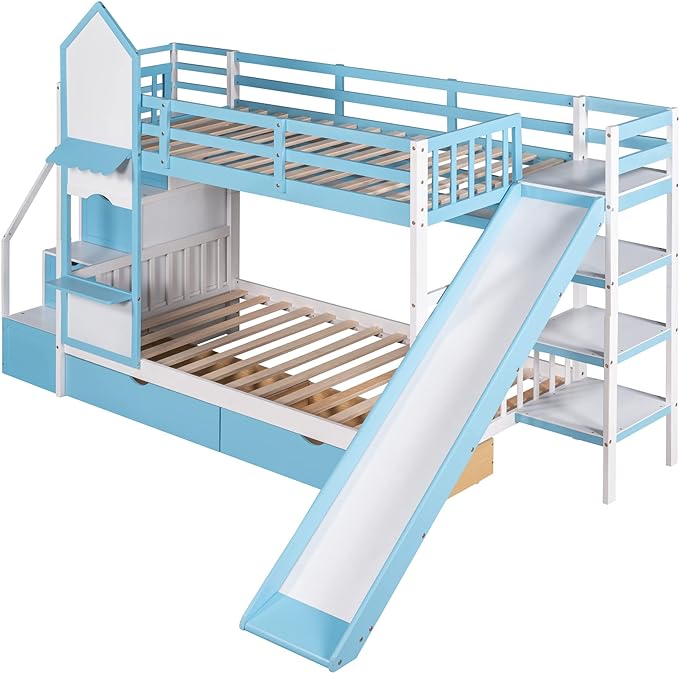 Twin Bunk Bed Castle with Slide, Stairs with Storage, Two Drawers, Solid Wood Bunkbeds Frame w/Shelves and Staircase, for Kids/Teens/Boys/Girls Bedroom, Blue - LeafyLoom