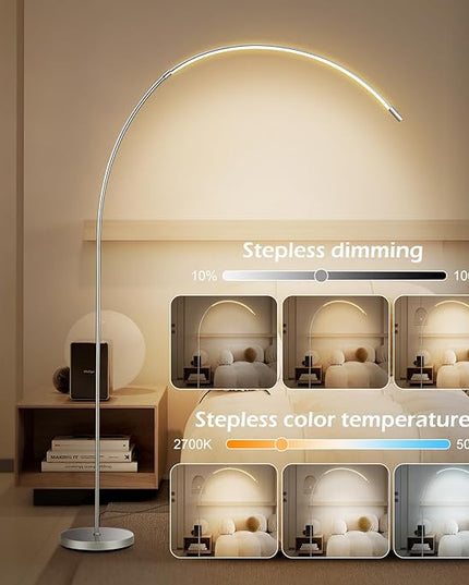 LED Arc Floor Lamp for Living Room,70.8" Tall Modern Standing Lamp with Remote Control,3 Color Temperature & Stepless Dimmable Brightness, Reading Floor Lamp for Bedroom Office Home - LeafyLoom