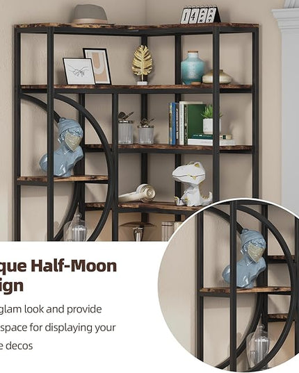 TIYASE 6-Shelf Corner Bookshelf Industrial 6-Tier Corner Etagere Bookcase, Large Corner Shelf L-Shaped Book Shelves Display Storage Rack with Metal Frame for Living Room Home Office, Rustic Brown - LeafyLoom