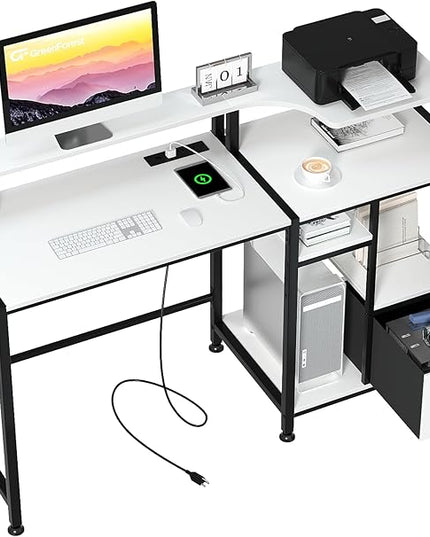 GreenForest 55 inch Computer Desk with Drawers and Outlets, Home Office Desk with Storage and Printer Shelf, Work Desk with Fabric File Drawer, Study Desk with Monitor Stand, Computer Table, White - LeafyLoom