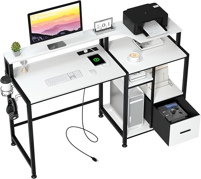 GreenForest 55 inch Computer Desk with Drawers and Outlets, Home Office Desk with Storage and Printer Shelf, Work Desk with Fabric File Drawer, Study Desk with Monitor Stand, Computer Table, White - LeafyLoom