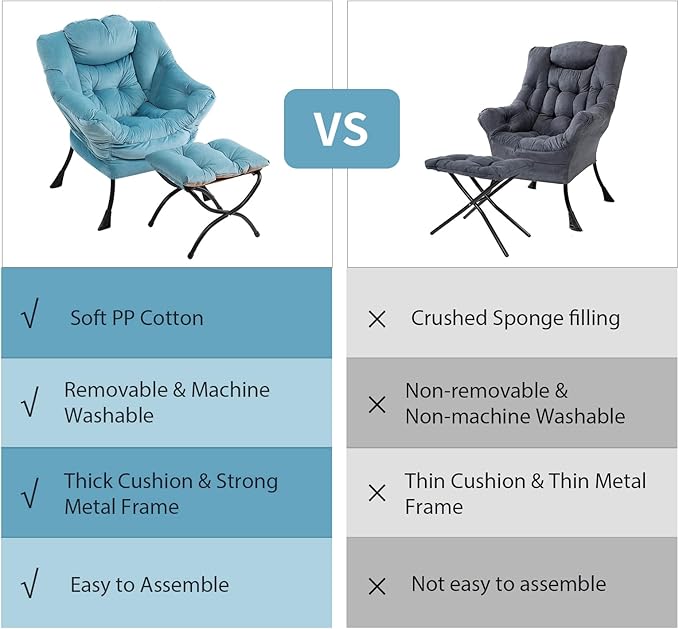 Lazy Chair with Ottoman, Modern Chair with Folding Footrest, Lounge Accent Chair, Comfortable Reading Chair (Light Blue) - LeafyLoom