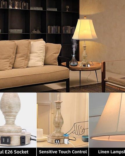 Farmhouse Table Lamp Touch Control 3-Way Dimmable, Modern Nightstand Lamp with 2 USB Port Bedside Desk Lamp with Fabric Shade for Living Room Bedroom Hotel (Pack-01) - LeafyLoom