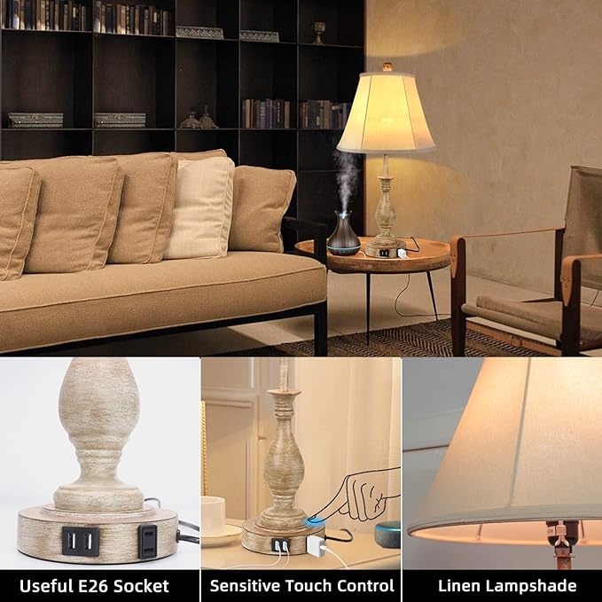 Farmhouse Table Lamp Touch Control 3-Way Dimmable, Modern Nightstand Lamp with 2 USB Port Bedside Desk Lamp with Fabric Shade for Living Room Bedroom Hotel (Pack-01) - LeafyLoom