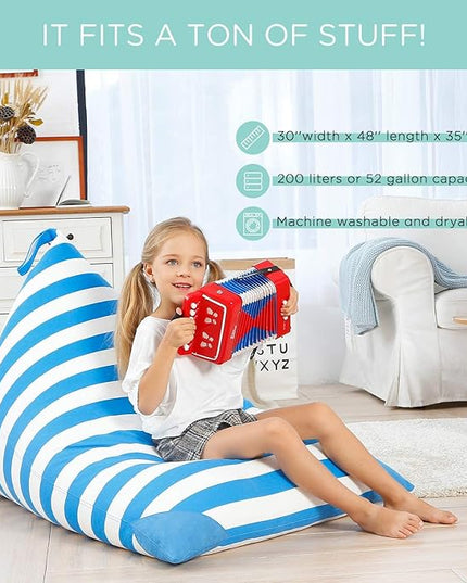 Aubliss Stuffed Animal Storage Bean Bag Chairs Cover, 50"x 35" Extra Large Bean Bags Chair for Kids & Adults, Beanbag Toy Storage for Boys Girls - Premium Cotton Canvas Blue Stripe - LeafyLoom