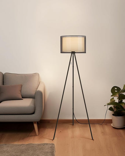 KDG Modern Floor Lamp for Living Room, Tall Tripod Floor Lamp Corner Lighting, Fabric Lampshade LED Bulb Bright Pole Light, High Light for Bedroom, Reading, Office, Study Room, Warm Light(Black) - LeafyLoom