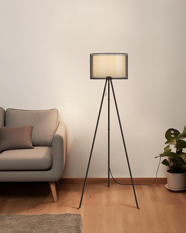 KDG Modern Floor Lamp for Living Room, Tall Tripod Floor Lamp Corner Lighting, Fabric Lampshade LED Bulb Bright Pole Light, High Light for Bedroom, Reading, Office, Study Room, Warm Light(Black) - LeafyLoom