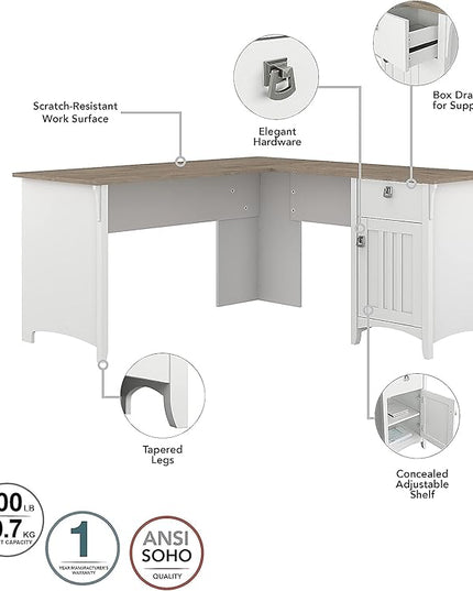 Bush Furniture Salinas L-Shaped Desk with Storage | Study Table with Drawers & Cabinets | Home Office Computer Desk in Pure White and Shiplap Gray - LeafyLoom