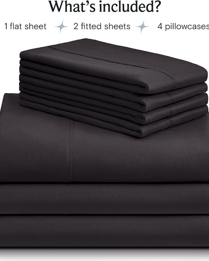 LuxClub 7 PC Split King Sheet Set, Breathable Luxury Bed Sheets, Deep Pockets 18" Eco Friendly Wrinkle Free Cooling Sheets Machine Washable Hotel Bedding Silky Soft - Black Split King - LeafyLoom