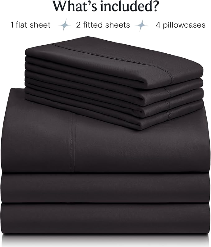 LuxClub 7 PC Split King Sheet Set, Breathable Luxury Bed Sheets, Deep Pockets 18" Eco Friendly Wrinkle Free Cooling Sheets Machine Washable Hotel Bedding Silky Soft - Black Split King - LeafyLoom