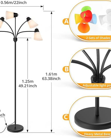 FOLKSMATE LED Floor Lamp, Medusa Multi Head Modern Tall, Rustic Adjustable Gooseneck Reading Standing Light for Living/Kids Room, Bedroom, Black - LeafyLoom