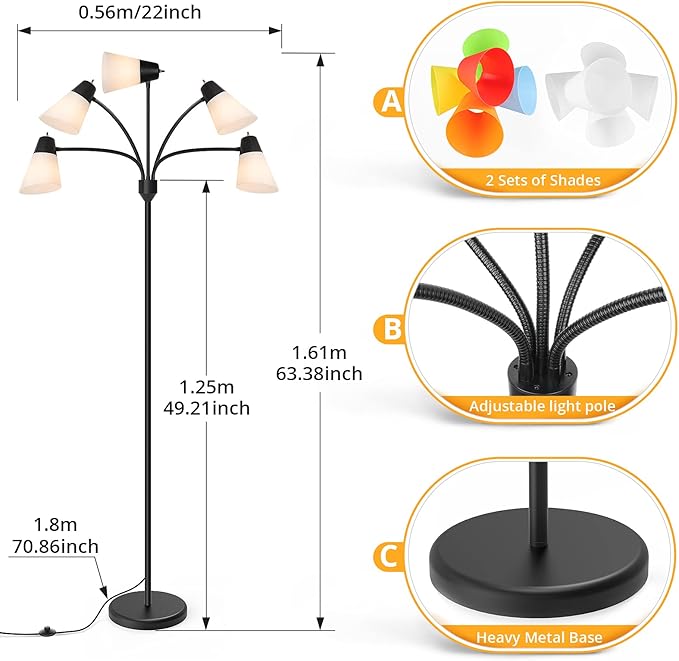 FOLKSMATE LED Floor Lamp, Medusa Multi Head Modern Tall, Rustic Adjustable Gooseneck Reading Standing Light for Living/Kids Room, Bedroom, Black - LeafyLoom