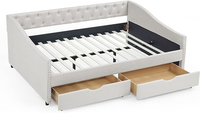 Full Size Daybed with 2 Storage Drawers,Linen Upholstered Sofa Bed W/Button on Back & Copper Nail on Waved Shape Armrests,No Spring Box Need,Wood Bedframe for Living Room Bedroom Dorm,Beige - LeafyLoom