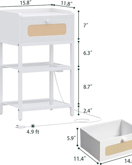 Night Stand set 2, Side Table with Rattan Drawer, Nightstand with Charging Station, Industrial Bedside Table with 3-Tier Storage, White JET003CW2 - LeafyLoom