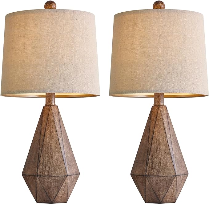 PoKat 20.25" Retro Farmhouse Table Lamp Set of 2 for Living Room Bedroom Rustic Linen Bedside Nightstand Lamps for Kids Room Study Room Office Table Lamps Resin - LeafyLoom