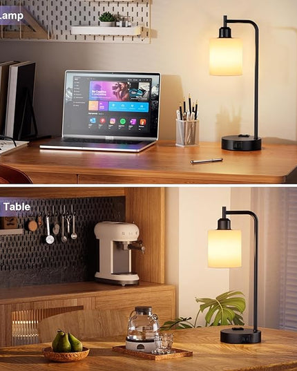 Industrial Touch Bedside Lamps for Bedrooms Set of 2 - 3-Way Dimmable Nightstand Lamps with USB C+A Ports and Outlet, Table Lamps with Opal Glass Shade for Living Room, Desk Lamps for Home Office - LeafyLoom