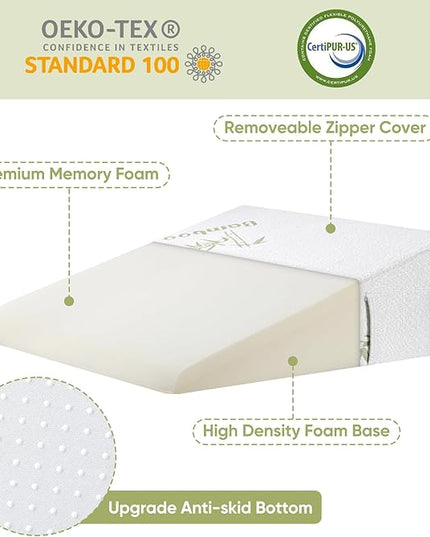 Wedge Pillow for Sleeping After Surgery 7.5" Bed Wedge Pillow with Memory Foam Top, Help with Acid Reflux Heartburn Snore Back Leg Knee Pain, Soft Comfortable, Breathable Durable, Bamboo Cooling Cover - LeafyLoom