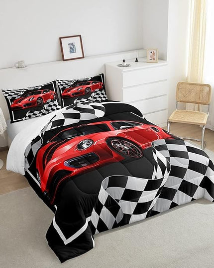 Red Race Car Comforter Set King Size,Black White Plaid Dynamic Bedding Set 3pcs for Kids Children Boys Teens Room Decor,Extreme Sport Racing Quilt Set,Soft Stylish Duvet Insert with 2 Pillowcases - LeafyLoom