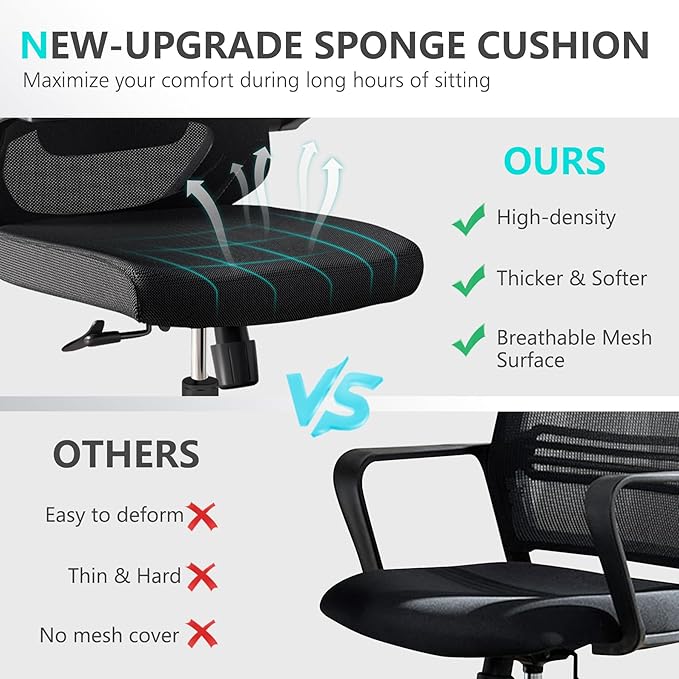 Office Chair 350LBS Capacity,Ergonomic Comfy Home Desk Chair,High Back Gaming Chair with Wheels,Mesh Computer Chair,Lumbar Support,Adjustable Headrest,Flip-up Armrest - LeafyLoom