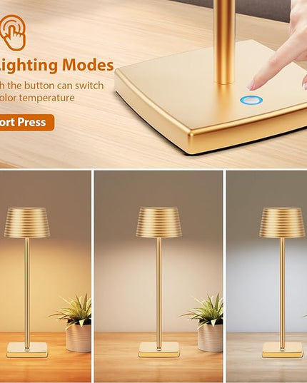 Rechargeable Cordless Table Lamp, Battery 5000mAh Metal Aluminum Housing USB LED Portable Powered Desk Lamp, 3 Levels Brightness Night Light for Restaurants Bars Outdoor (Gold-2pack) - LeafyLoom
