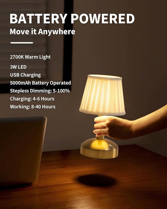 KDG Modern Cordless Small Table Lamp, Portable LED Fabric Shade Desk Lamps, 5000mAh Rechargeable Battery Operated Lighting for Bedroom, Bedside, Bar, Living Room, Dining Room, Night Light(Gold) - LeafyLoom