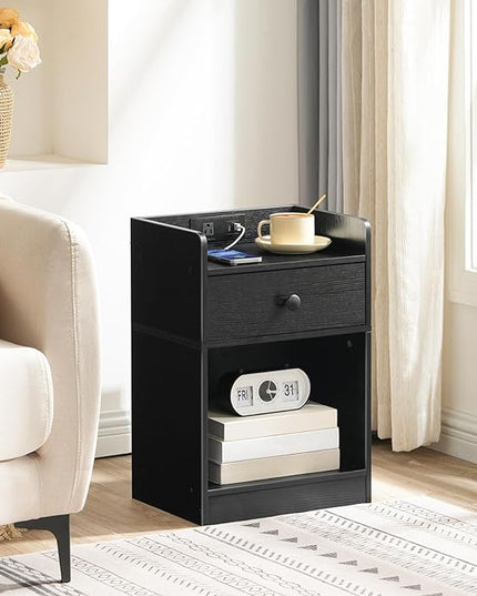 HOOBRO Nightstand with Charging Station, End Table with Drawer and Opening Shelf, Side Table with USB Ports and Outlets, Bedside Table for Bedroom, Small Night Stand Simple Style, Black BK18UBZ01 - LeafyLoom
