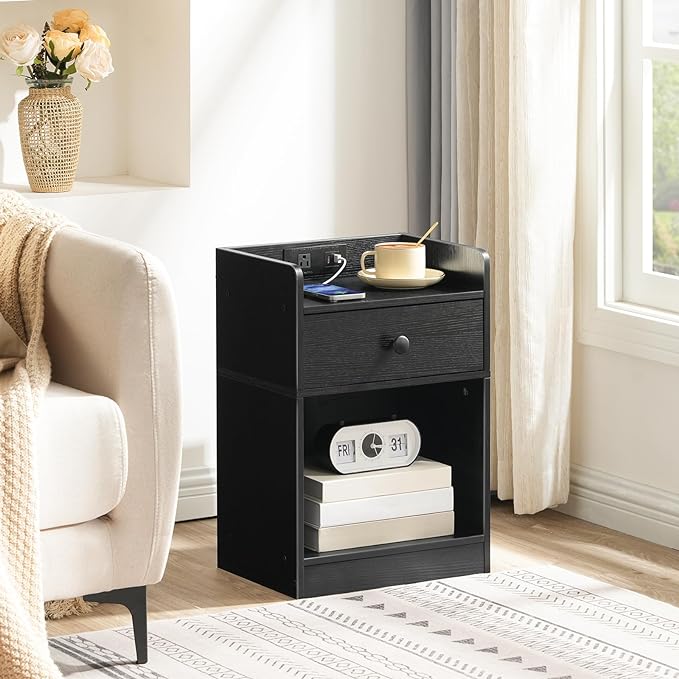 HOOBRO Nightstand with Charging Station, End Table with Drawer and Opening Shelf, Side Table with USB Ports and Outlets, Bedside Table for Bedroom, Small Night Stand Simple Style, Black BK18UBZ01 - LeafyLoom