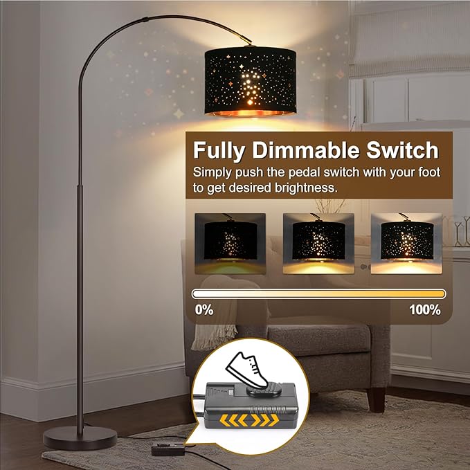 Dimmable Floor Lamp, Arc Floor Lamp for Living Room, Arched Tall Modern Standing Lamp with Adjustable Star Shade, Black Mid Century Floor Lamp Tall Pole Lamp for Bedrooms,Office, 9W LED Bulb Included - LeafyLoom