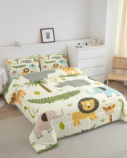Feelyou Nursery Cute Wild Animals Bedding Set for Girls Boys Child Kids Cartoon Lion Giraffe Crocodile Comforter Decor Nature Wildlife Comforter Set Zoo Animal Duvet Set King Size Quilt Boys - LeafyLoom