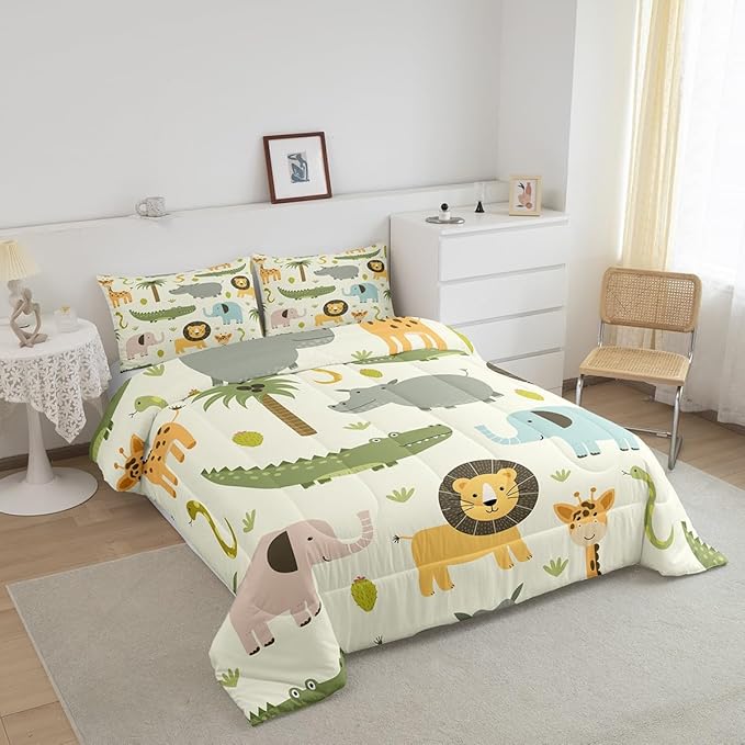 Feelyou Nursery Cute Wild Animals Bedding Set for Girls Boys Child Kids Cartoon Lion Giraffe Crocodile Comforter Decor Nature Wildlife Comforter Set Zoo Animal Duvet Set King Size Quilt Boys - LeafyLoom
