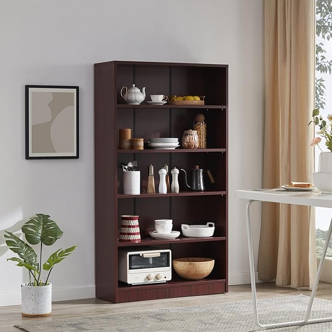 Farini Mahogany Bookshelf for Bedroom 5 Shelf Office Bookcase 60 Inches Tall Modern Wood Bookshelf for Living Room 5 Tier Wide Manga Bookshelf Library Bookcase - LeafyLoom
