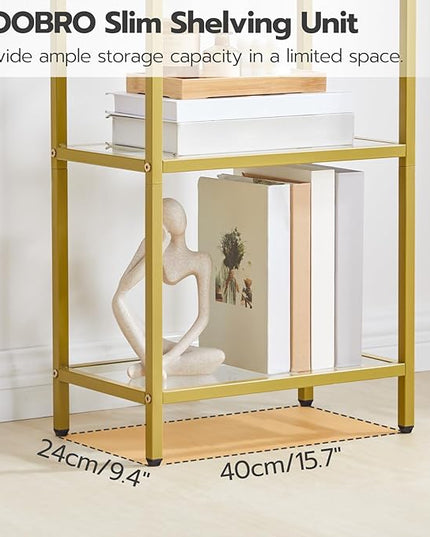 HOOBRO 5-Tier Gold Bookcase, Tempered Glass Bookshelves, Slim Shelving Unit for Living Room, Narrow Bookshelf for Small Spaces, Storage Rack Display Shelf for Home Office, Gold GD45SJ01 - LeafyLoom