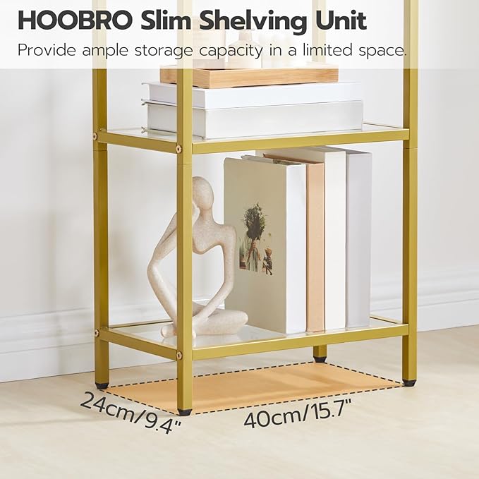 HOOBRO 5-Tier Gold Bookcase, Tempered Glass Bookshelves, Slim Shelving Unit for Living Room, Narrow Bookshelf for Small Spaces, Storage Rack Display Shelf for Home Office, Gold GD45SJ01 - LeafyLoom