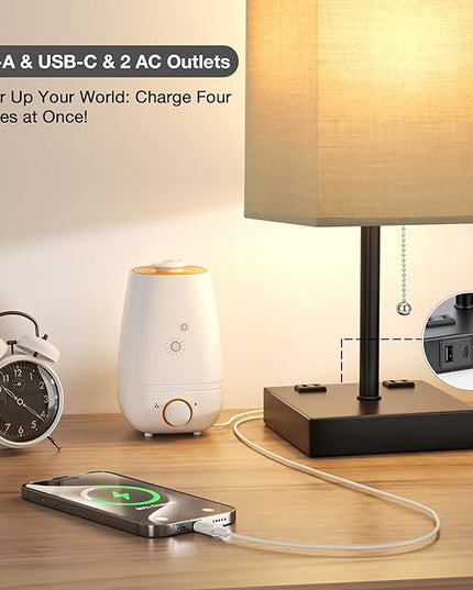 aooshine Grey Table Lamp for Bedroom - 3 Color Temperature 3000K 5000K 4000K Bedside Lamp, Pull Chain Control, USB A and C Ports, AC Outlets, Bulb Included, Medium - LeafyLoom