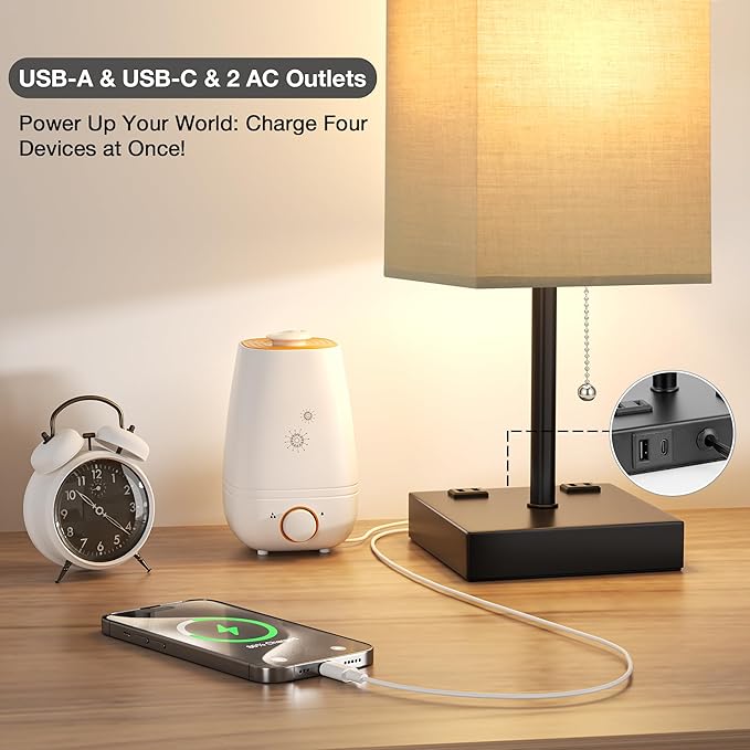 aooshine Grey Table Lamp for Bedroom - 3 Color Temperature 3000K 5000K 4000K Bedside Lamp, Pull Chain Control, USB A and C Ports, AC Outlets, Bulb Included, Medium - LeafyLoom