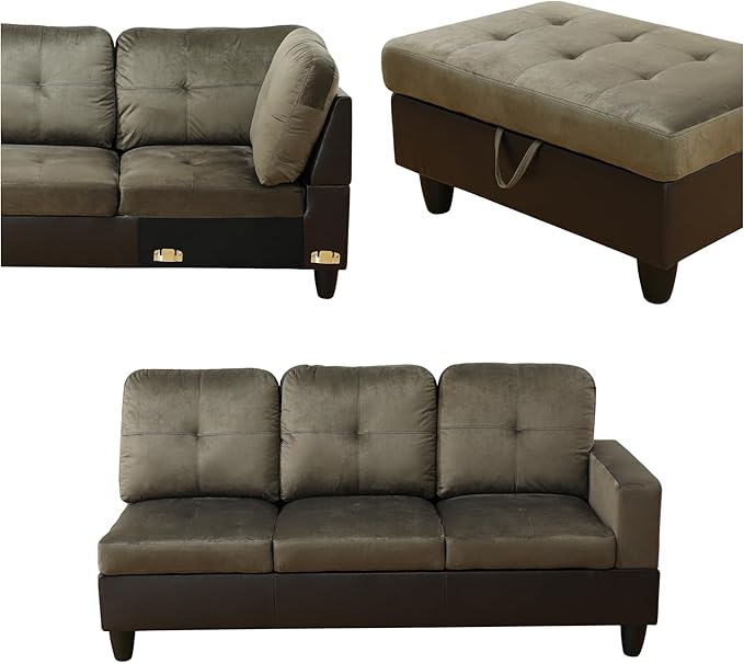 L Shaped Sofa with Ottoman Modern Sectional Living Room, Bedroom, Office, L Couch Taupe - LeafyLoom