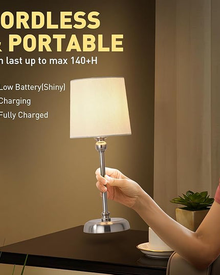 Cordless LED Table Lamp, 6000mAh Rechargeable Bedside Night Lamp for Bedroom, Portable Touch Stepless Dimmable Battery Operated Lamp, Ambient Light for Patio Restaurant(Brushed Nickel H) - LeafyLoom